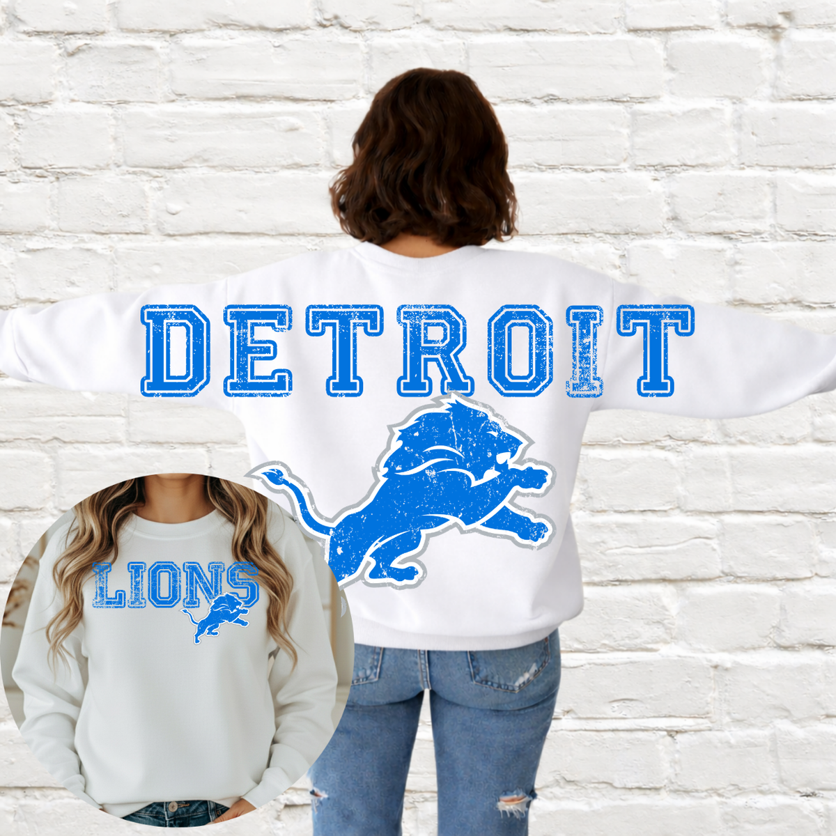 Detroit Football - Big Across The Back Crewneck Distressed Lettering