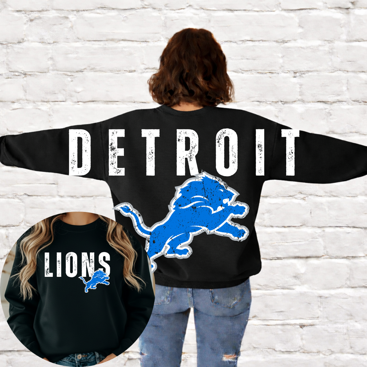 Detroit Football - Big Across The Back Crewneck Grunge Block Lettering (Black)