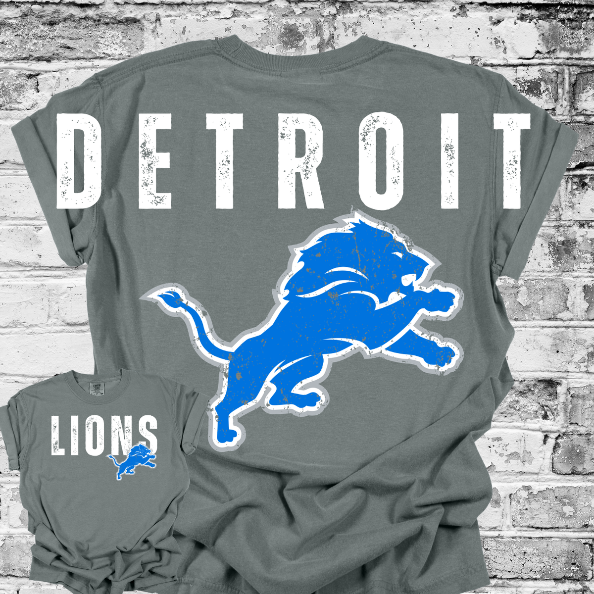 Detroit Football - Big Across The Back Grunge Block Lettering Comfort Colors Tee (Granite Gray)