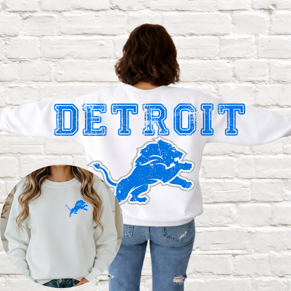 Detroit Football - Big Across The Back Crewneck Distressed Lettering (White)