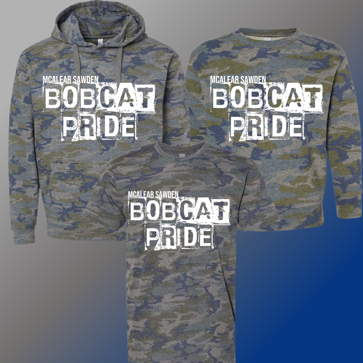 McAlear Sawden Bobcate - Camouflage Distressed Block Tee & Sweatshirt (Youth & Adult) - MADE TO ORDER/TWO WEEKS