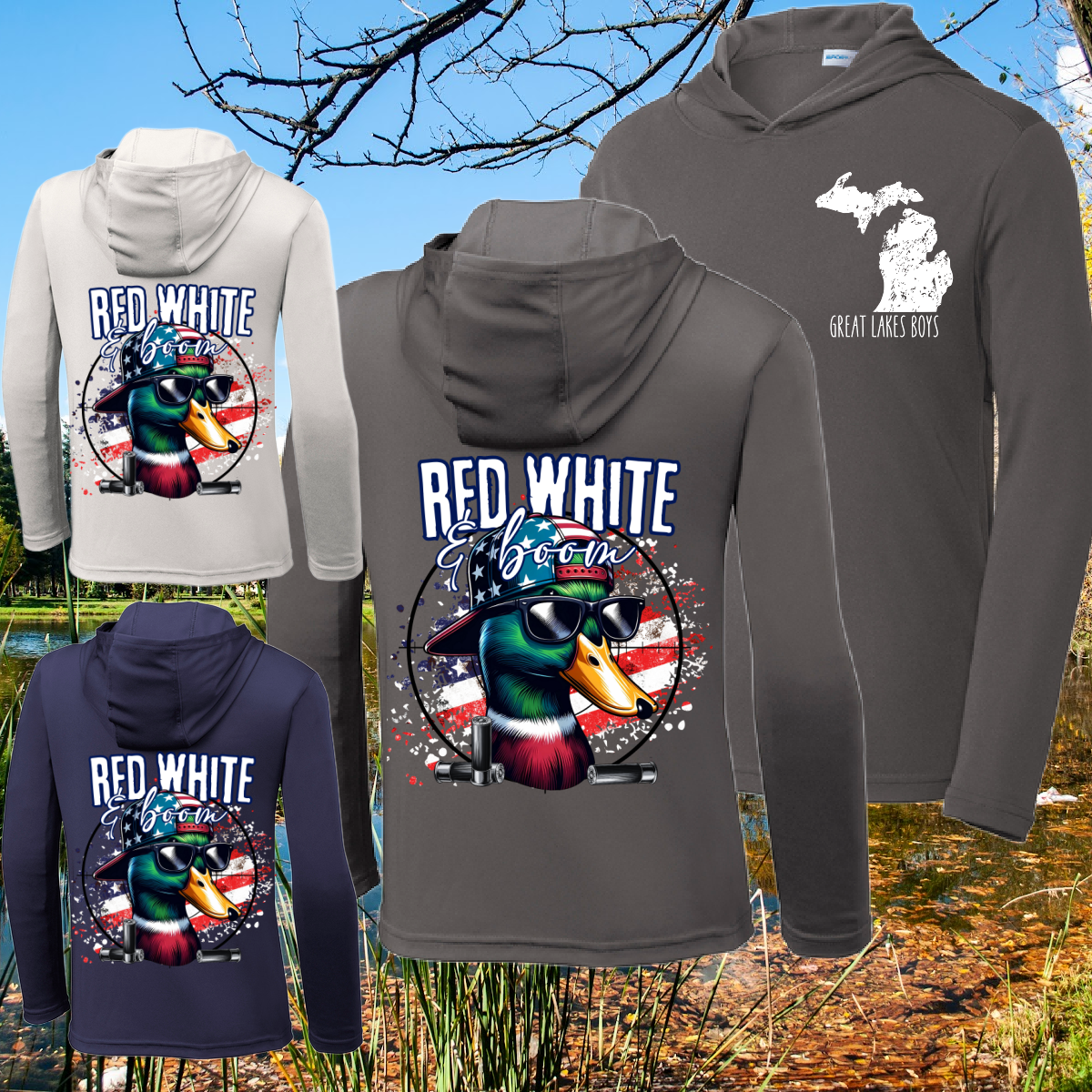Great Lakes Boys - Red White & Boom Duck Hooded Long Sleeve (Youth & Adult)