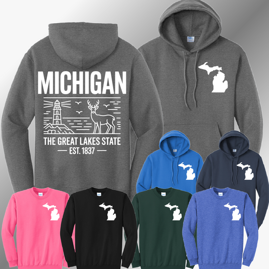 Michigan - Deer/Lighthouse Back Design Basic Sweatshirt (Adult)