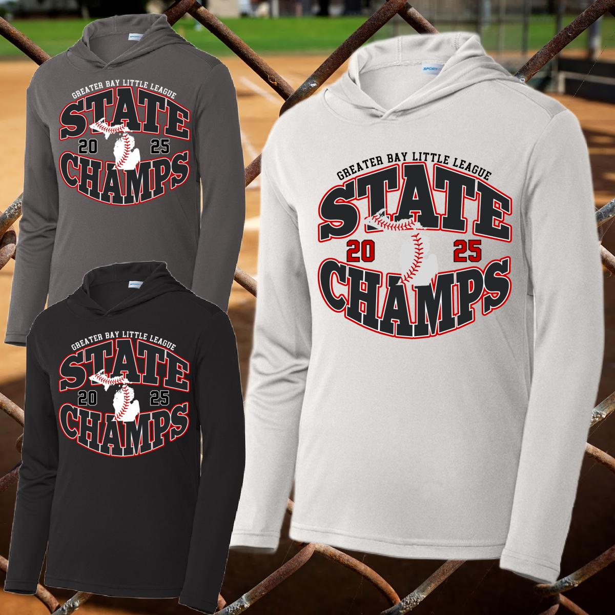 Greater Bay Little League -2025 11U State Champs Option #1 Long Sleeve Hooded Performance Tee (Youth & Adult)