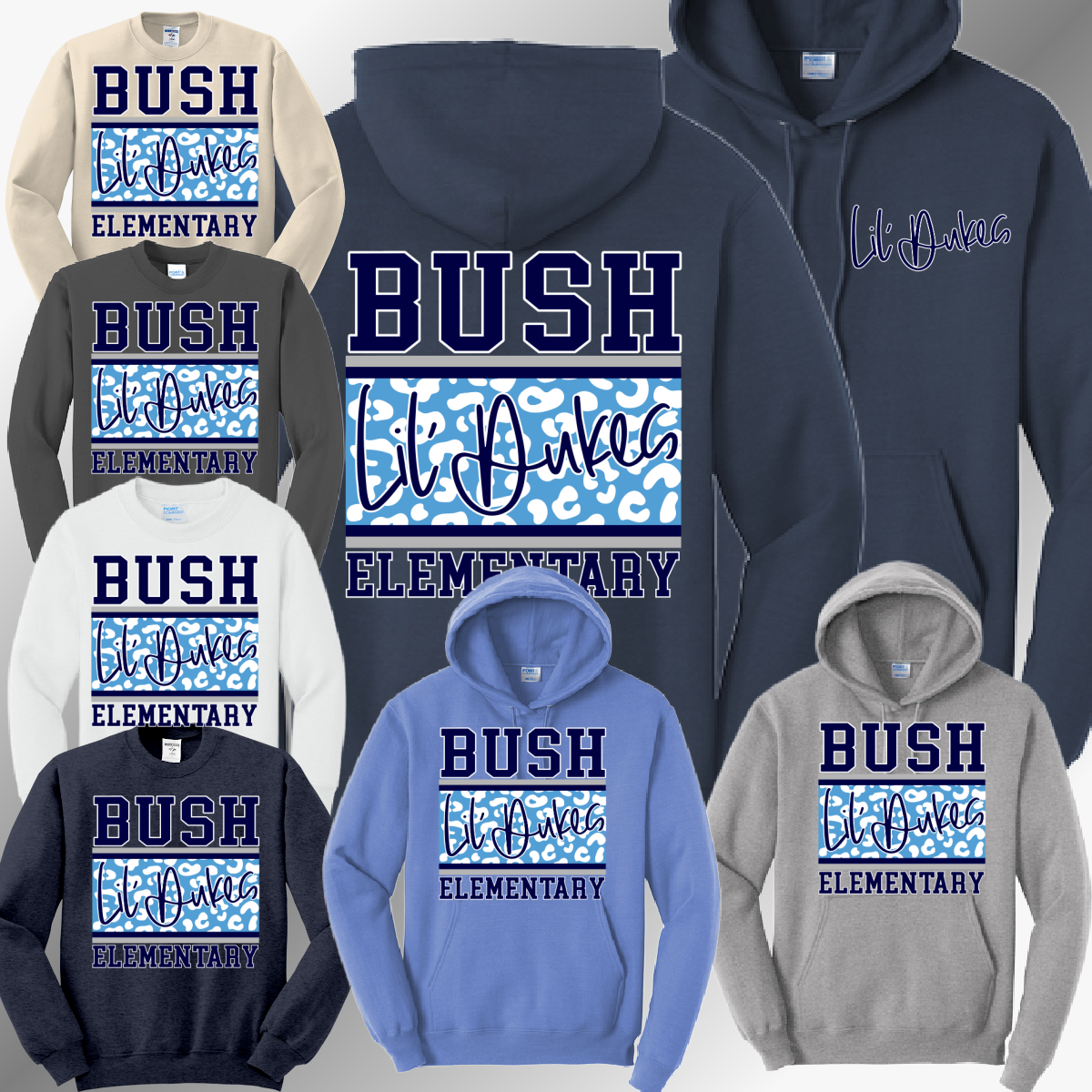 Bush Elementary Dukes - LIL' DUKES Leopard Background Basic Sweatshirt (Adult)