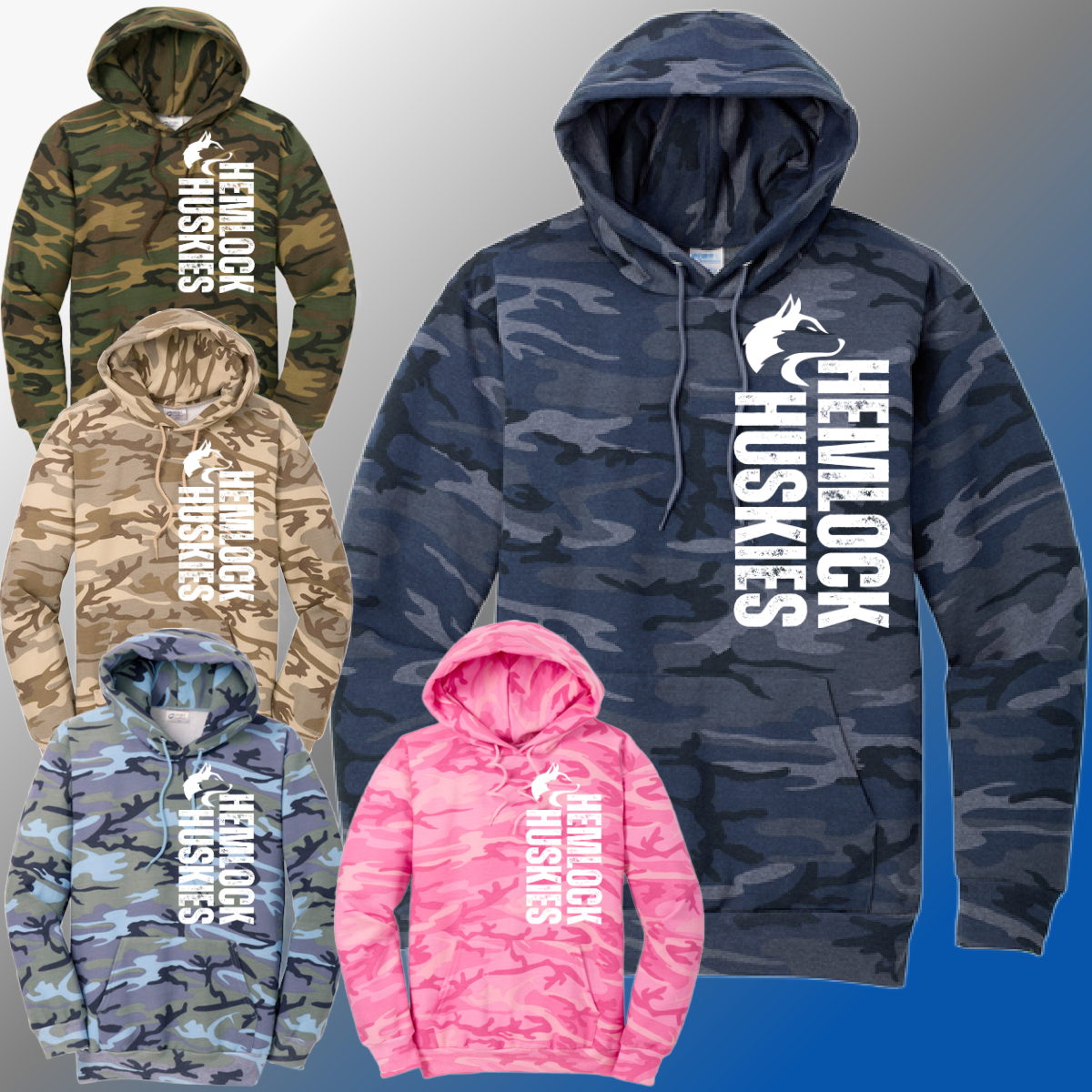Hemlock Huskies - Distressed Vertical Mascot Camo Hoodie (Adult)