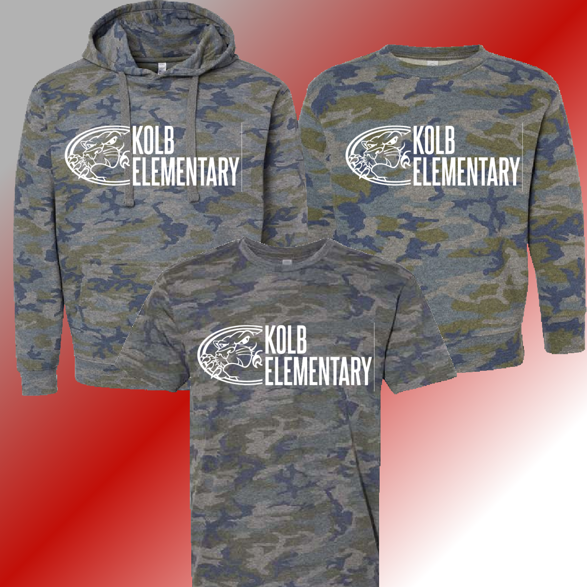 Kolb Elementary -School Logo Camo Tee & Sweatshirt (Youth & Adult) - MADE TO ORDER/TWO WEEKS