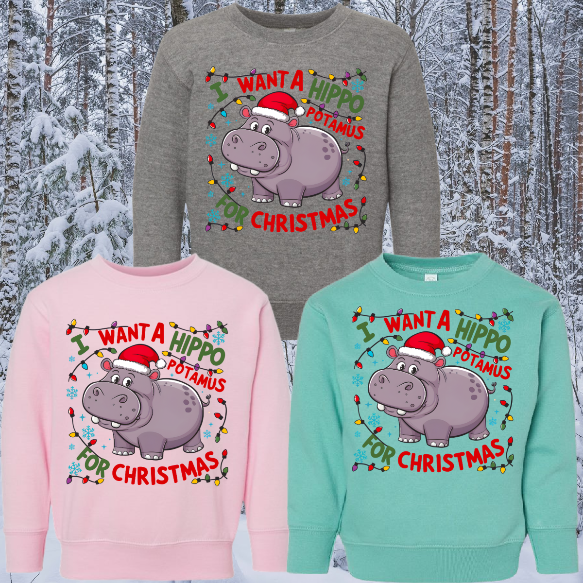 I Want A Hippopotamus For Christmas Basic Crewneck (Youth & Adult)