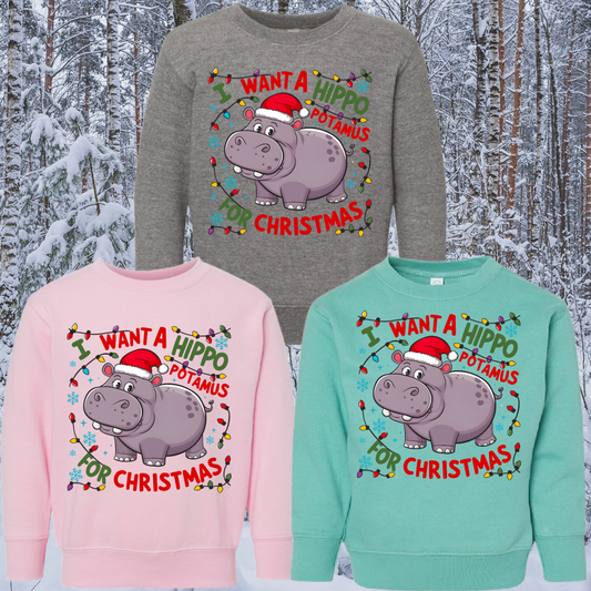 I Want A Hippopotamus For Christmas Basic Crewneck (Youth & Adult)