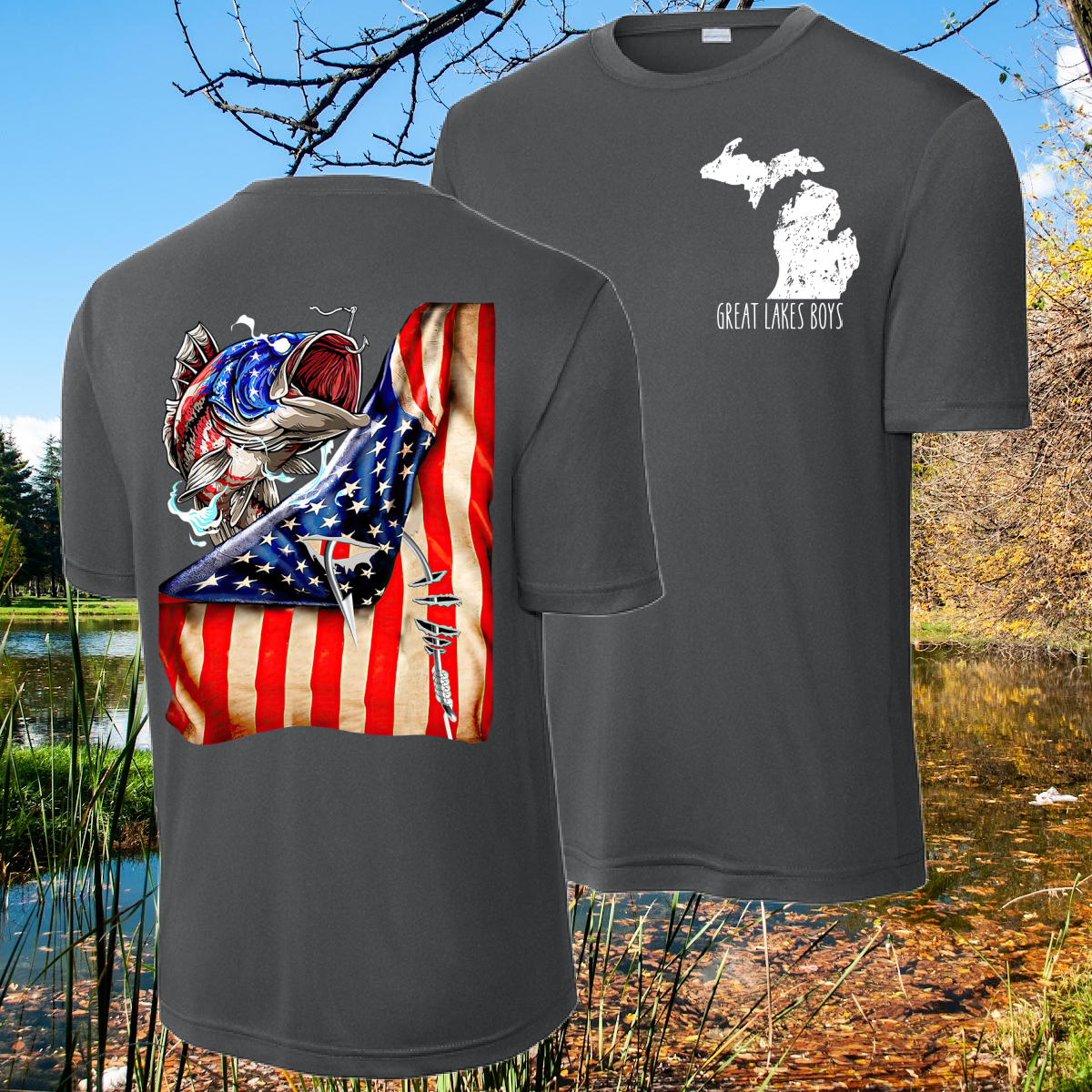 Great Lakes Boys - American Flag Bass Fish Performance Tee (Youth & Adult)
