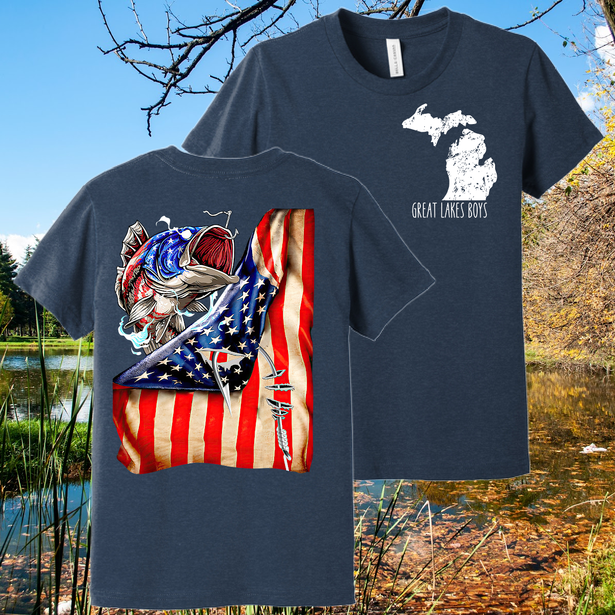 Great Lakes Boys - American Flag Bass Fish Premium Tee (Toddler, Youth & Adult)