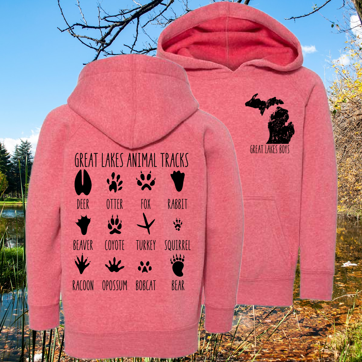 Great Lakes Boys - Great Lakes Animal Tracks Collage Premium Hooded Sweatshirt (Toddler, Youth & Adult)