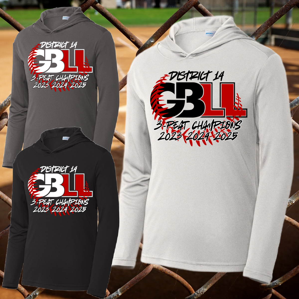 Greater Bay Little League - 2025 11U District Champs 3-PEAT Long Sleeve Hooded Performance Tee (Youth & Adult)