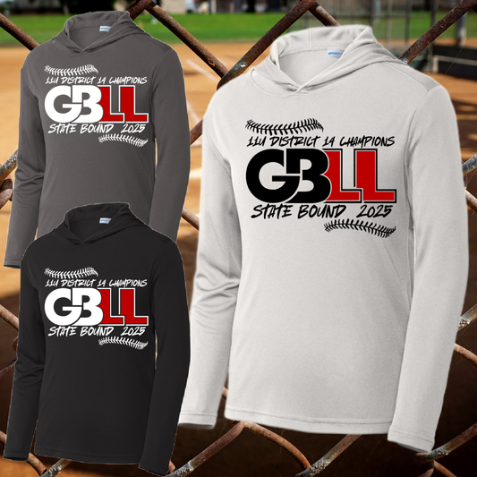 Greater Bay Little League - 2025 District Champs STATE BOUND Long Sleeve Hooded Performance Tee (Youth & Adult)